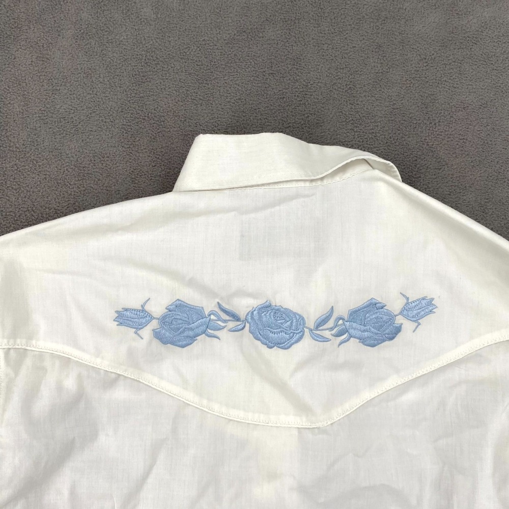 White Horse Western Shirt Women Medium White Floral Embroidered Pearl Snap Ranch - Picture 4 of 7